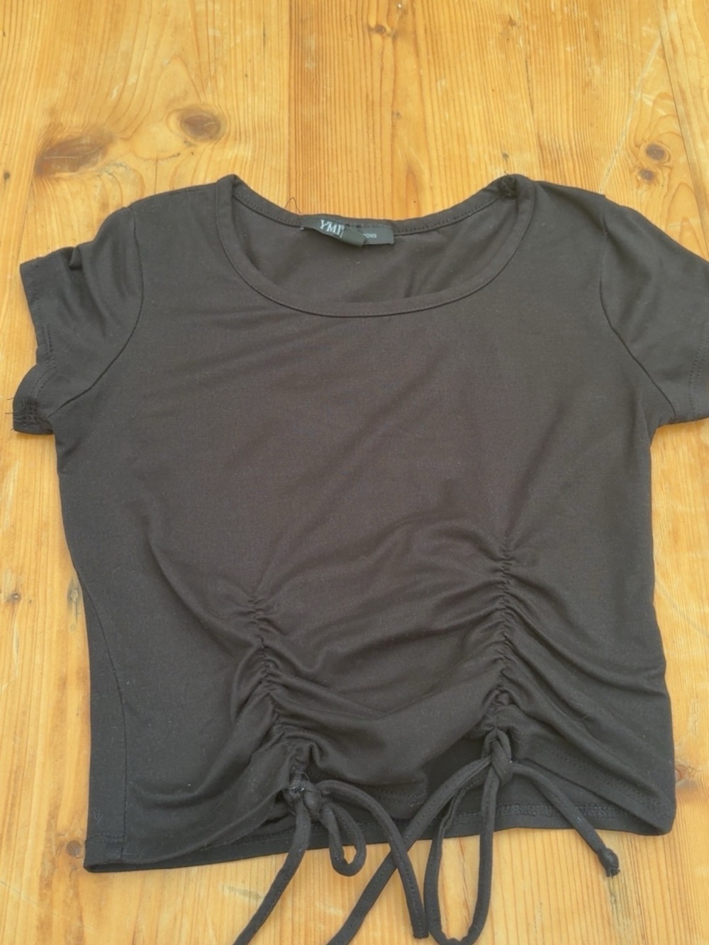YMI Black Short Sleeve Ruched Tie Front Crop Top
